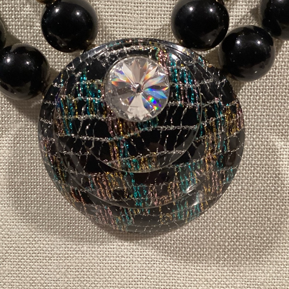 Chic 2 Strand Black and Gold Beaded Necklace with Mosaic Acrylic Pendant